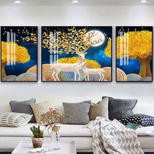 十字绣线绣客厅简约现代摇钱树三联画鹿麋鹿新款绣手工自己绣满绣
