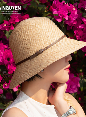 QP新款拉菲草精编帽女夏天大檐遮阳帽优雅防晒帽时尚太阳草编帽子