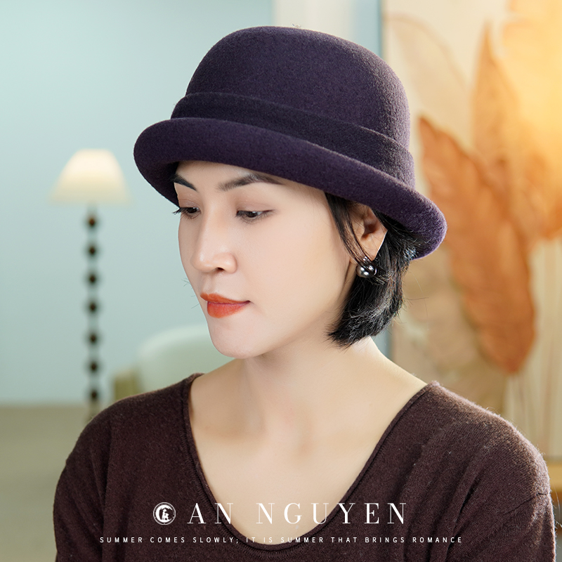 YM新款法式卷边羊毛混纺礼帽女士高级感秋冬保暖时尚洋气盆帽