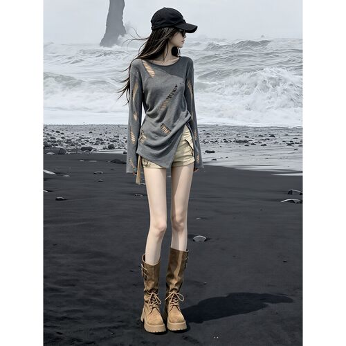 灰色做旧破洞长袖防晒T恤女夏季