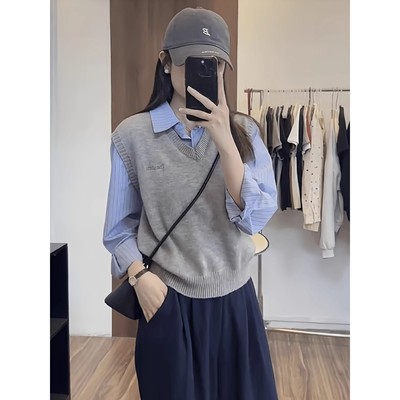 假两件针织背心衬衫上衣女