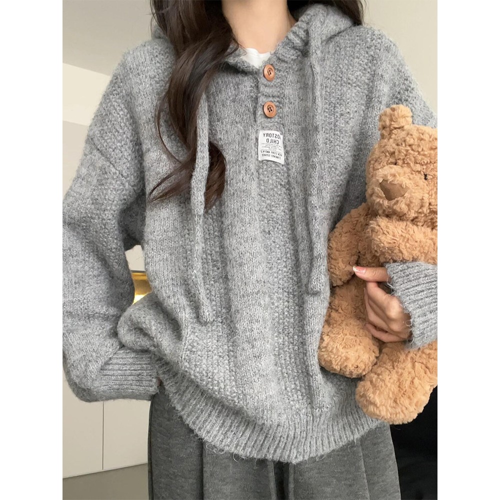 慵懒高级感灰色连帽毛衣女