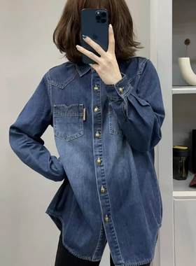 复古蓝色加绒牛仔衬衫女秋冬2025新款宽松休闲百搭设计感衬衣外套