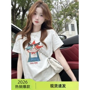 纯棉宽松百搭休闲上衣潮 新款 美式 复古圆领正肩卡通印花t恤女夏季