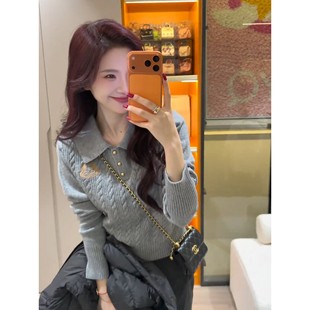 韩系Polo领灰色刺绣针织打底衫女秋冬修身短款毛衣内搭学院风上衣