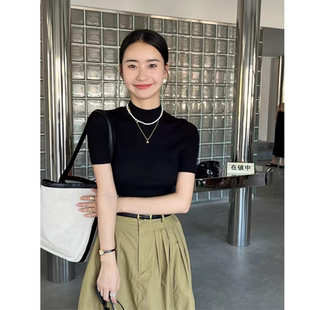 黑色超薄天丝短袖针织衫女夏季修身显瘦半高领t恤打底衫半袖上衣