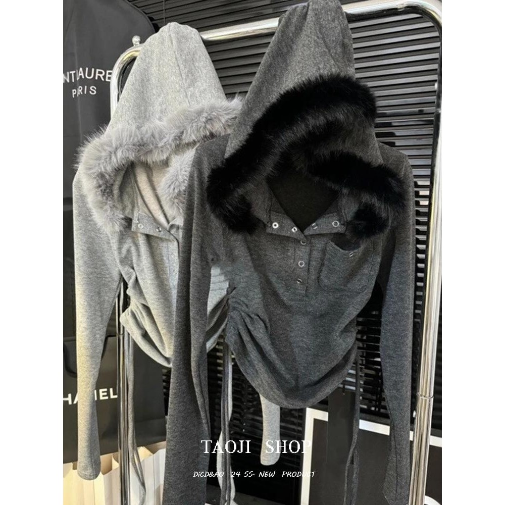 韩版辣妹连帽毛领长袖T恤