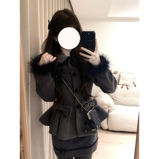 miu系千金感穿搭一整套秋冬毛呢套装收腰外套波点半身裙子两件套