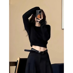 黑色短款针织衫女秋冬内搭打底衫小个子修身套头圆领毛衣露脐上衣