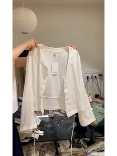 亚麻开衫 韩系白色圆领棉麻衬衫 薄款 防晒外搭短款 女夏季 绑带设计感