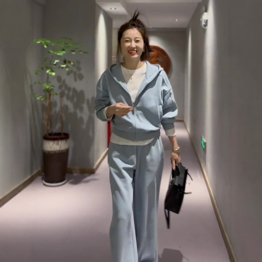 休闲蓝色运动套装女2025春秋季新款连帽开衫卫衣外套长裤子两件套