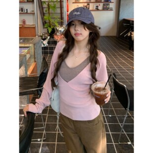 粉色纯欲风v领长袖t恤女秋冬2026新款春季韩系chic巨好看上衣套装