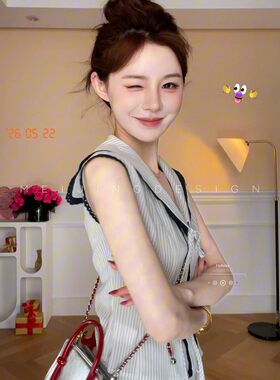海军领条纹无袖高腰夏季女套装