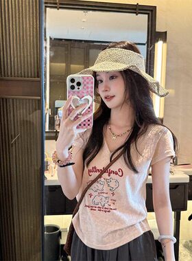 韩系猫咪印花V领短袖T恤女夏季