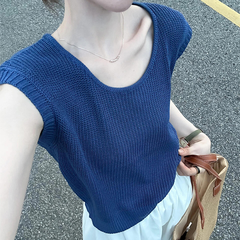 蓝色针织短袖t恤女2024新