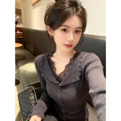 针织衫 毛衣女款 2025新款 黑色v领蕾丝边修身 冬季 穿搭内搭打底上衣