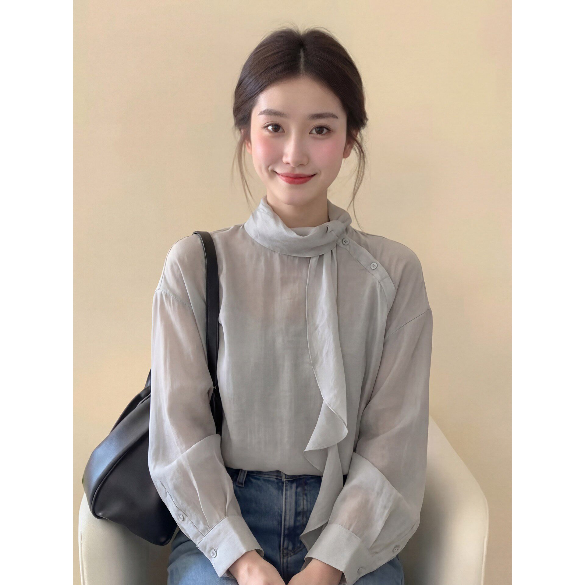 法式灰色围脖领飘带长袖衬衫女图片