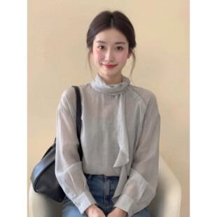 法式灰色围脖领飘带长袖衬衫上衣女春季新款气质独特漂亮休闲衬衣