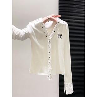 白色波点拼接polo衫内搭打底衫女早秋季新款修身短款长袖t恤上衣