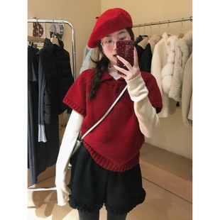 红色毛衣女小个子秋冬韩系宽松套头polo翻领叠穿百搭针织短袖上衣