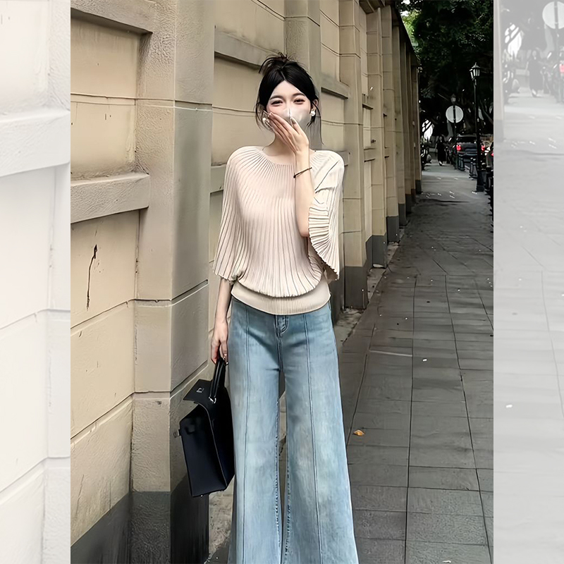 法式小资杏色条纹蝙蝠袖针