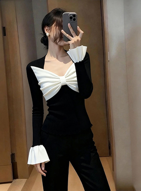 法式蝴蝶结拼接黑色修身打底衫女内搭设计感掐腰显瘦长袖上衣秋冬