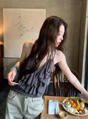 泰国绝美灰色V领无袖吊带背心女夏季性感辣妹外穿内搭漂亮小上衣
