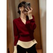 显瘦高级感打底针织衫 圣诞新年红色拼接v领收腰毛衣女秋冬季 修身
