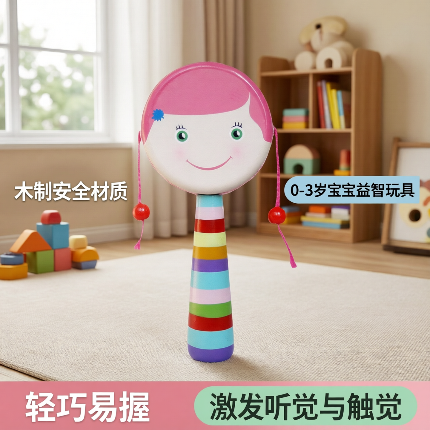 木制皮质拨浪鼓幼儿童手摇鼓宝宝益智婴儿玩具0-1岁2-3-6月手摇铃