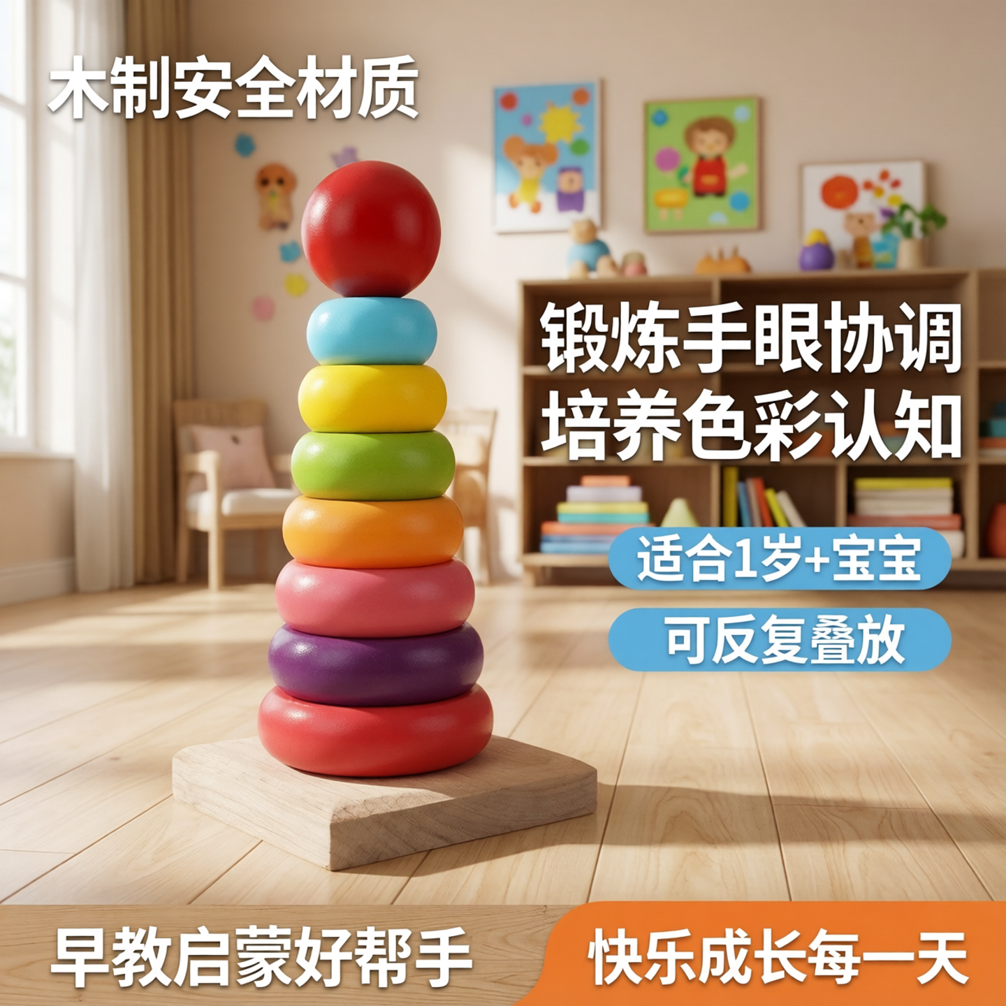 大号木制彩虹套塔幼儿早教1岁宝宝益智玩具婴儿叠叠乐不倒翁套圈