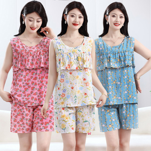 夏季薄款无袖棉绸睡衣套装