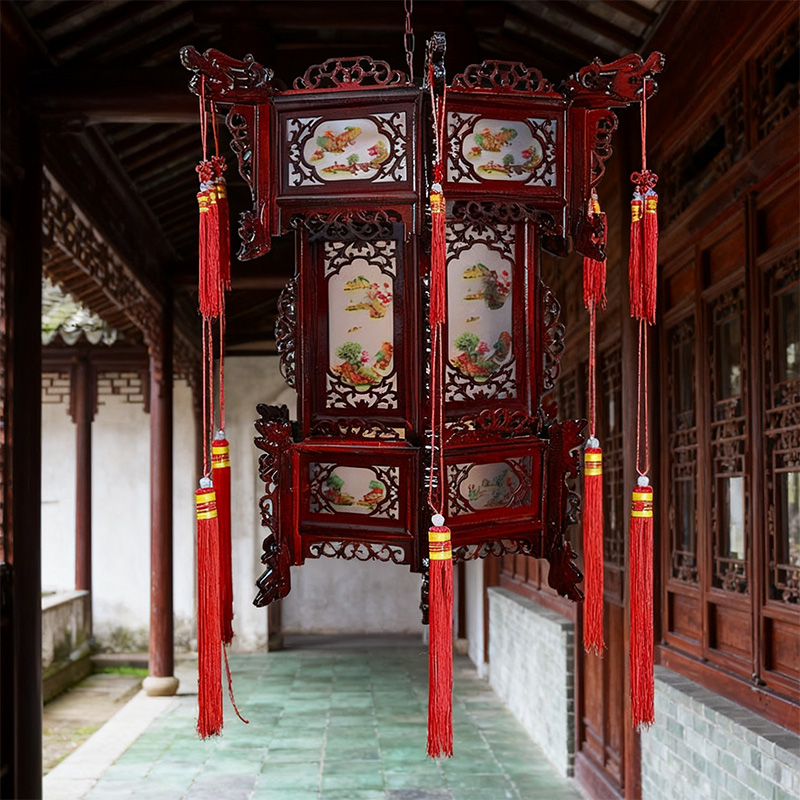 中式实木六角宫灯传统仿古复古典羊皮新年春节大红灯笼吊灯中国风