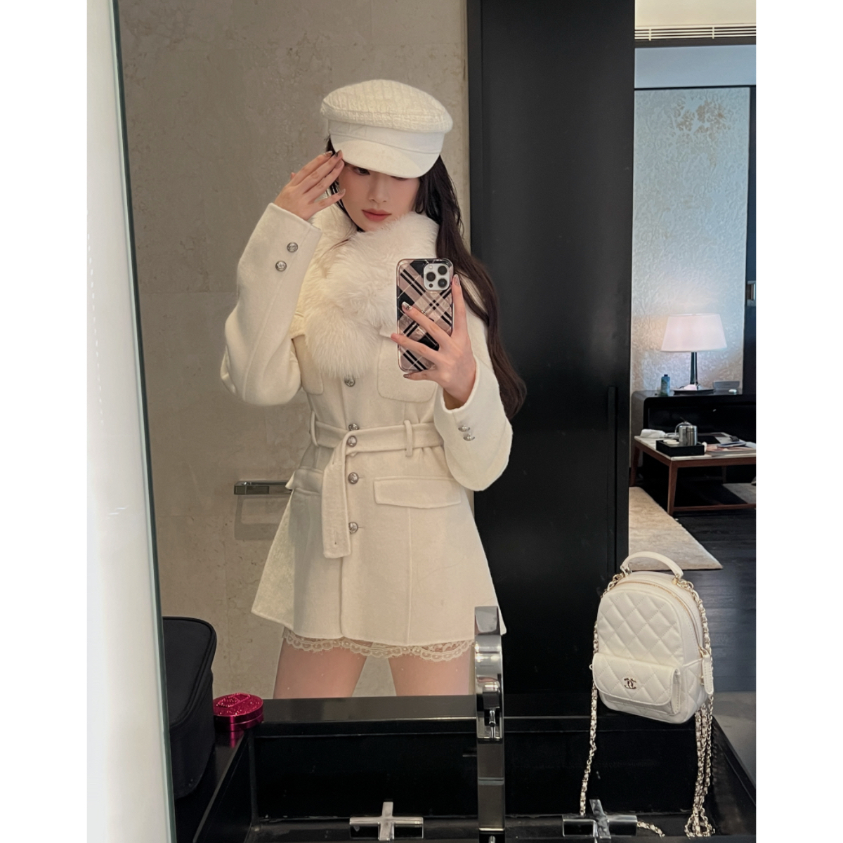 IN MIMIFACE 狐狸毛领收腰系带绵羊毛呢大衣气质毛呢修身短外套女