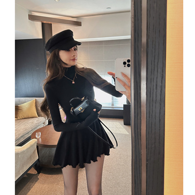 IN MIMIFACE 秋冬纯欲收腰显瘦打底裙高领蓬蓬裙百搭长袖连衣裙女