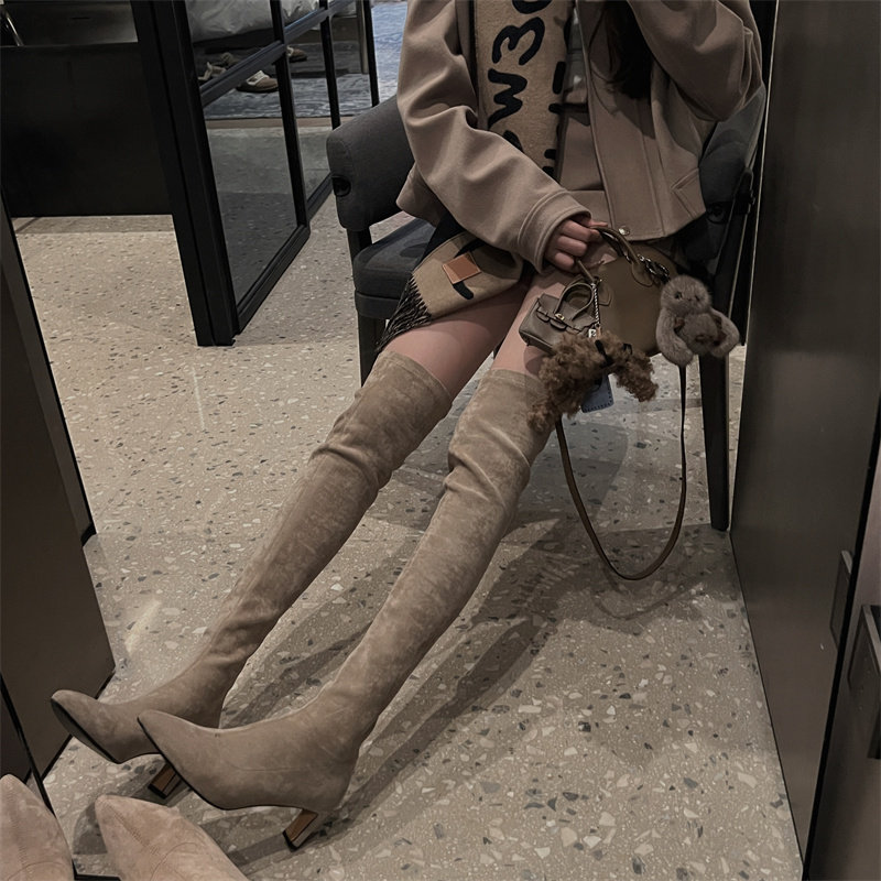 IN MIMIFACE 尖头高跟长筒靴女2024秋季新款显瘦弹力靴高筒过膝靴