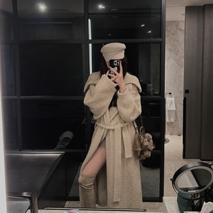 IN MIMIFACE 秋季翻领宽松中长款毛衣外套女2024慵懒风针织大开衫