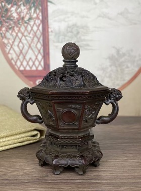 仿古铜合金老包浆双耳狮四方神兽炉摆件镂空香炉家居饰品办公室