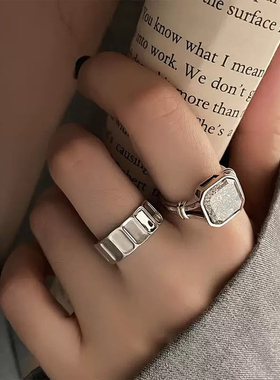 方形锆石925纯银冰晶白茶戒指时尚个性ins潮冷淡风开口可调节指环