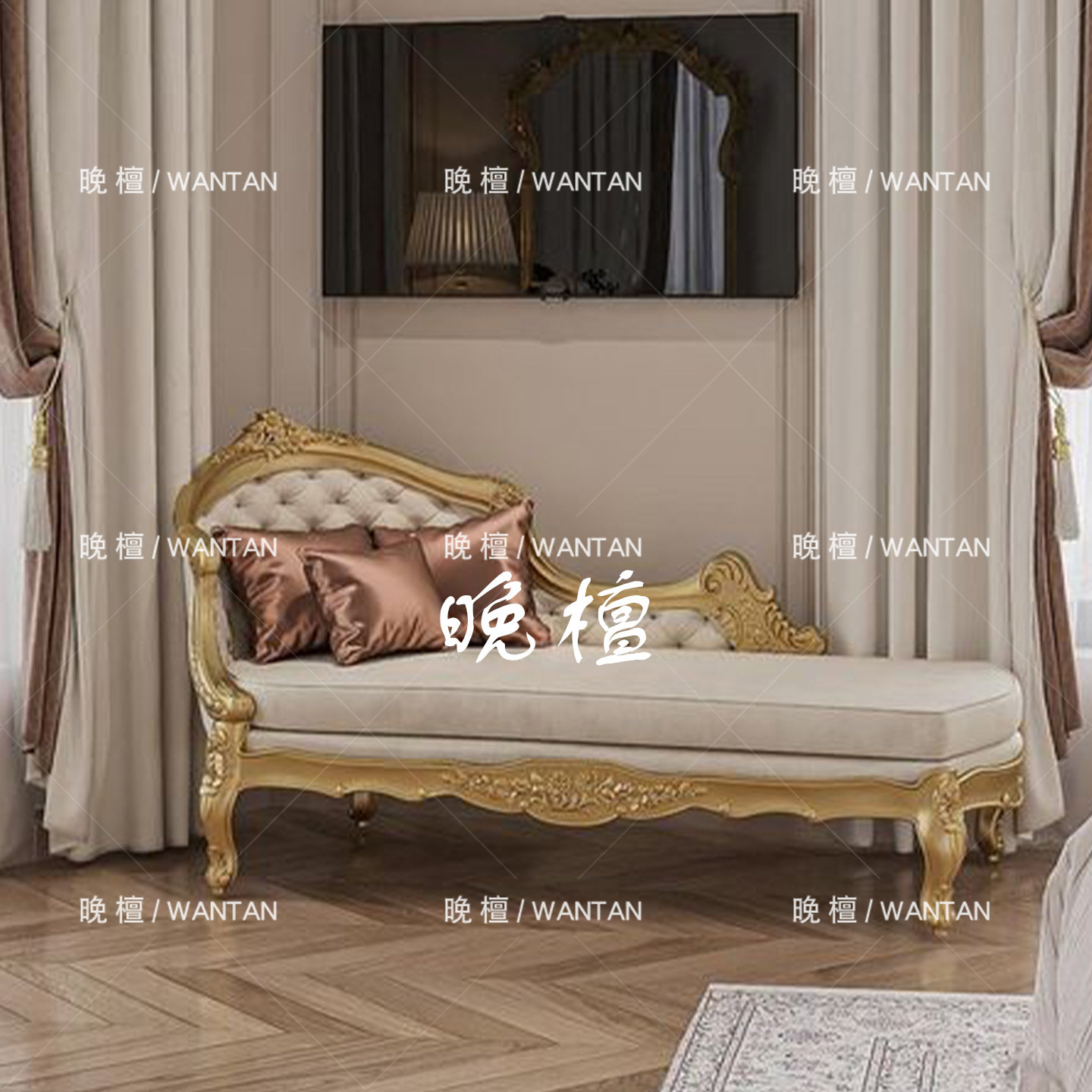 晚檀 法式复古风实木金色雕花贵妃椅 奢华软靠床尾凳 家用沙发凳