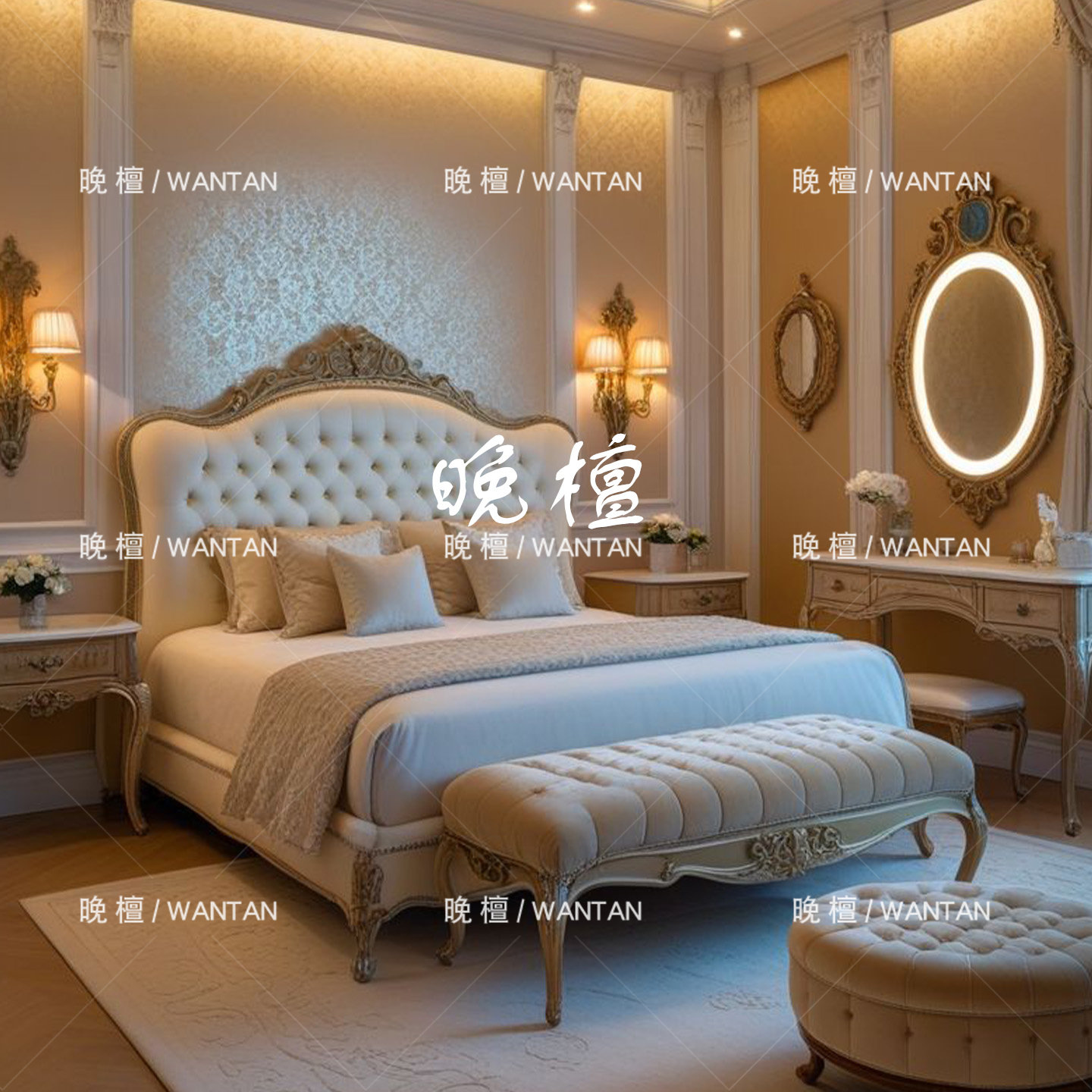 晚檀 法式复古雕花实木床 布艺软包拉扣床头 双人大床主卧1.8米床