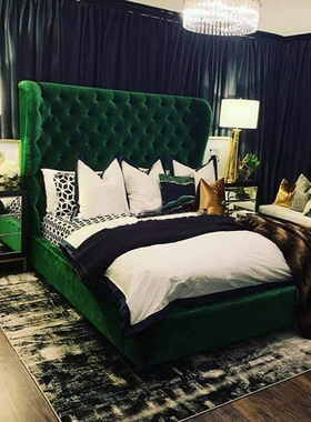 晚檀 美式布艺床复古风墨绿色高背拉扣气压储物1.8米卧室双人婚床