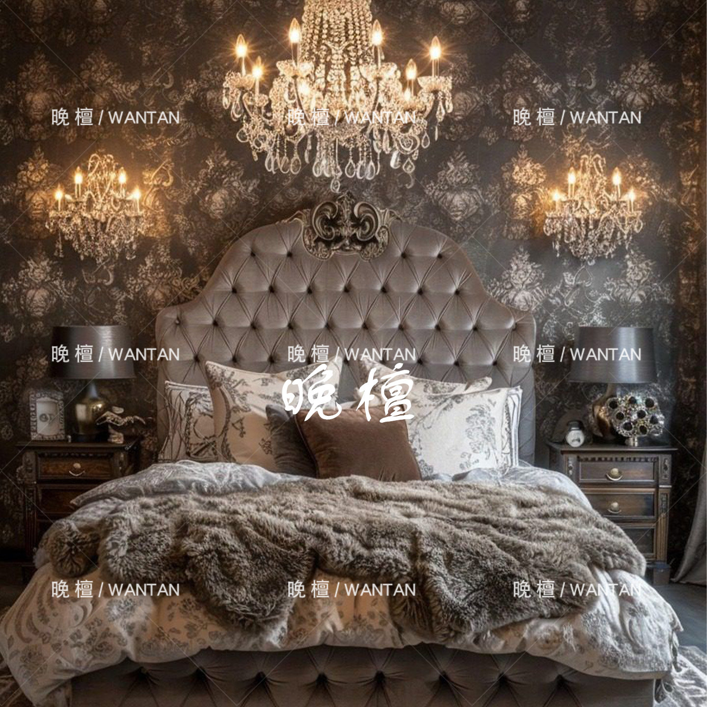 晚檀 法式复古雕花床头装饰布艺床 全软包拉扣床 小户型卧室家具