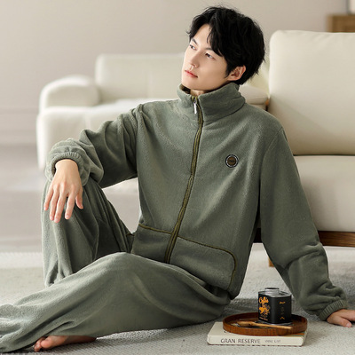 珊瑚绒睡衣男款秋冬季加绒加厚毛绒暖感冬天青少年男士家居服套装