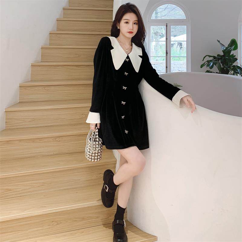 2022春夏新款！！亮丝金丝绒设计感大领子连衣裙C138P90K129，女装连衣裙，两个王小姐