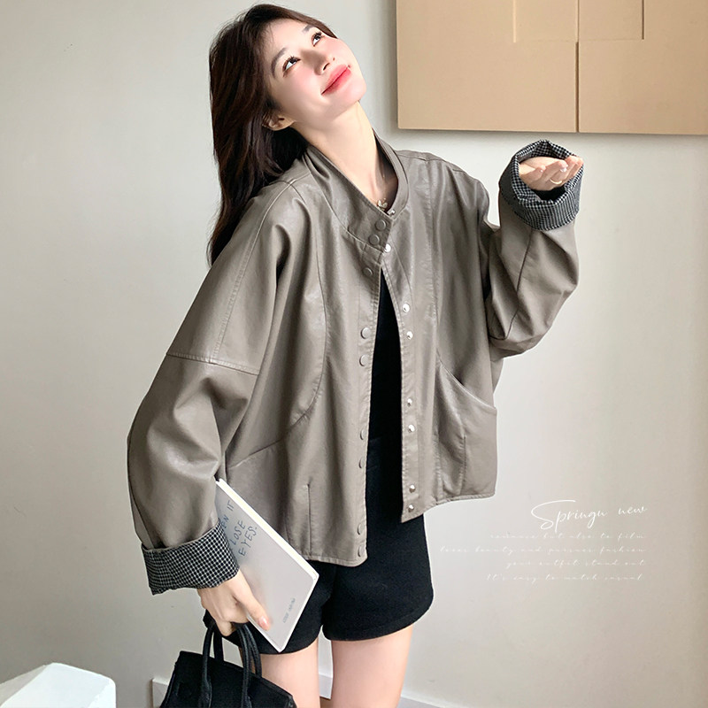 新品！现货！立领翻修格子拼接皮衣C269P145K258,女装皮衣,两个王小姐