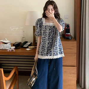 森系少女感蕾丝刺绣娃娃衫女夏季2025新款洋气减龄方领短袖上衣潮,最强少女连衣裙搭配图片