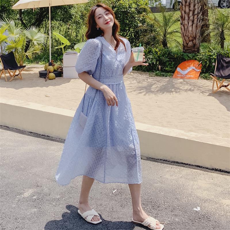 2022夏款现货！！清新盐缩面料纯连衣裙X191X191P105K168,女装连衣裙,两个王小姐