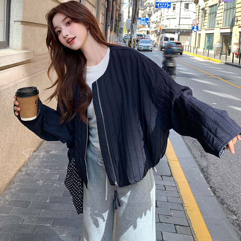 新款！！现货！圆领压棉拼格子外套Q193P195K288,女装短外套,两个王小姐