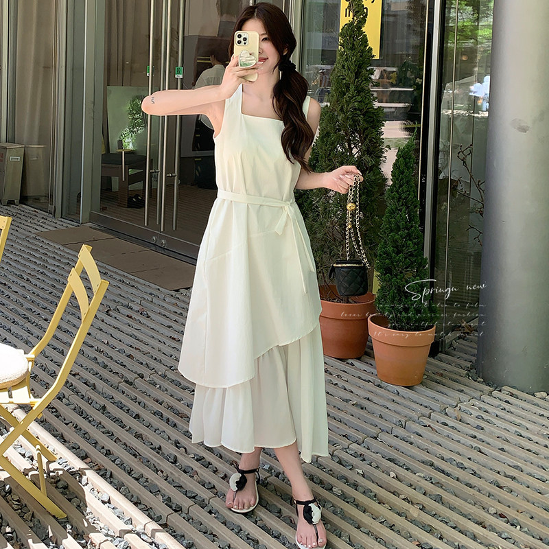 长裙法式中长裙吊带夏季连衣裙裙子褶皱小众设计感显瘦气质白色,女装连衣裙,两个王小姐