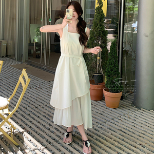 长裙法式中长裙吊带夏季连衣裙裙子褶皱小众设计感显瘦气质白色图片
